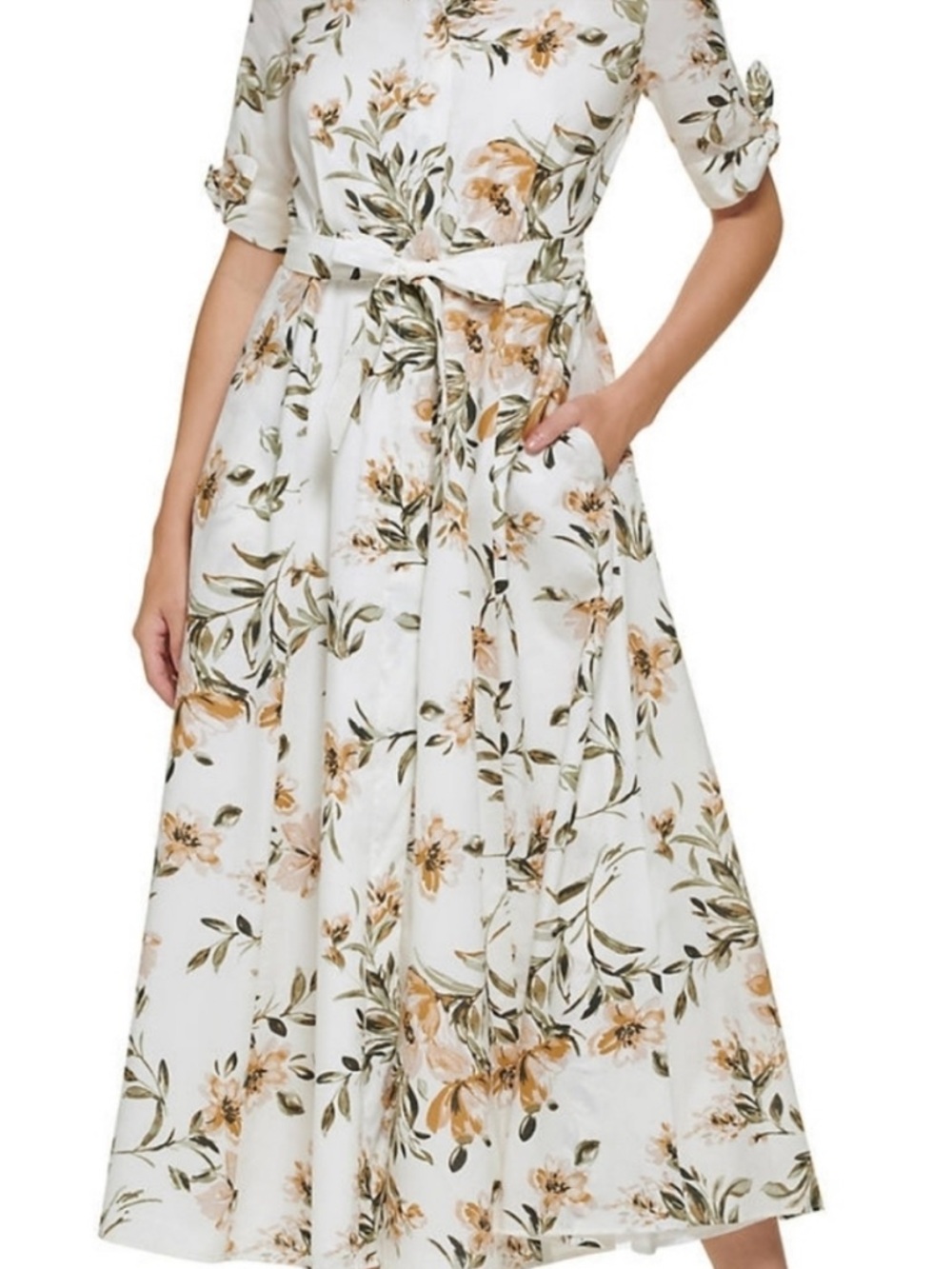 CALVIN KLEIN White Floral Button-Front Tie-Waist Dress - Picture 4 of 8